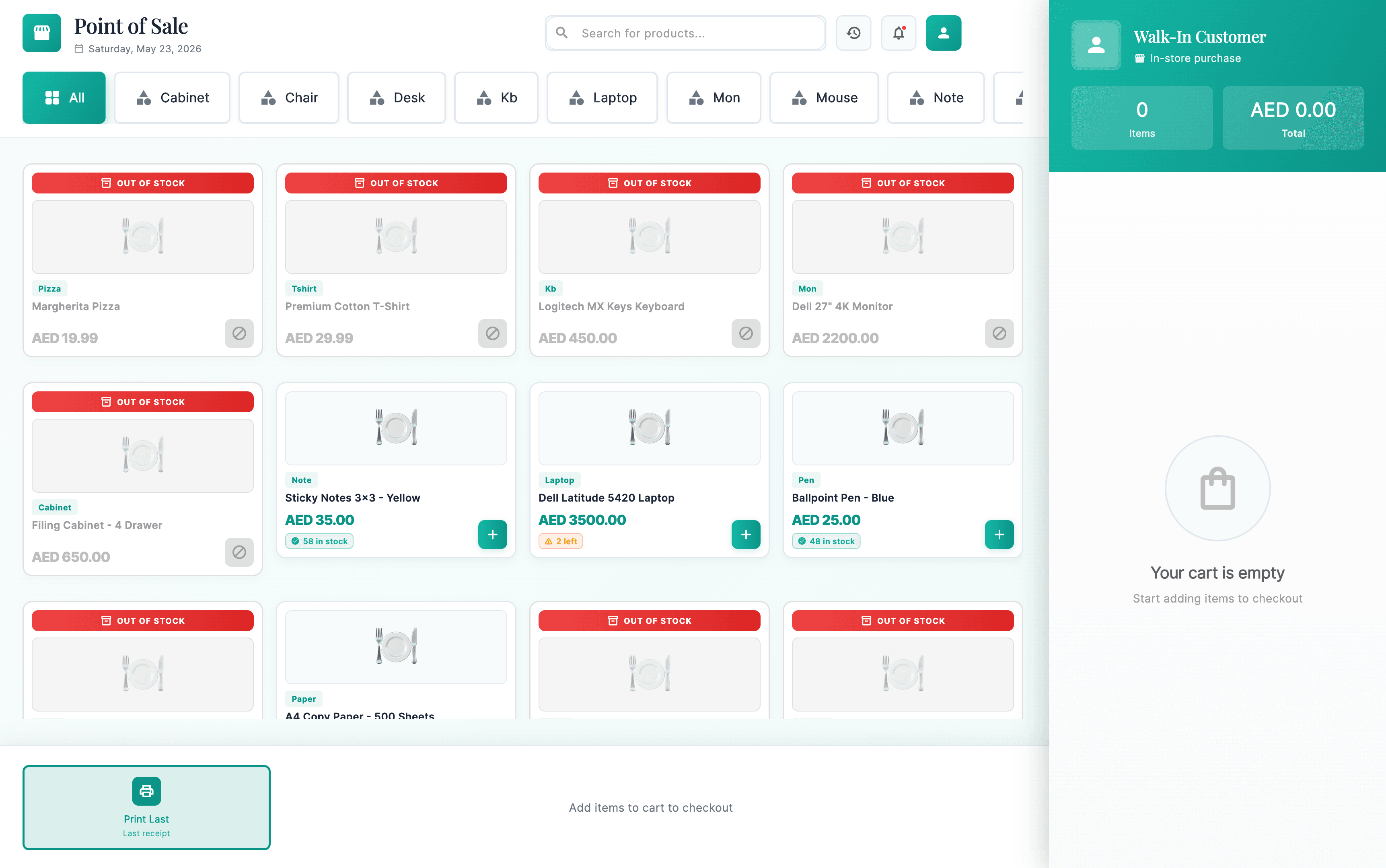 Finvora Point of Sale screen showing product grid with live stock levels, cart, tips, and card, cash, and UPI payment options